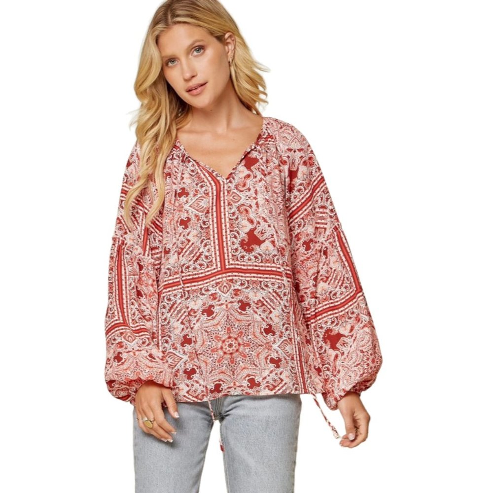 Andree by Unit Full Size Run Medallion Balloon Sleeve Blouse